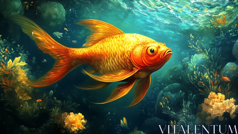 Golden daydreamer goldfish drifting through teal gardens.