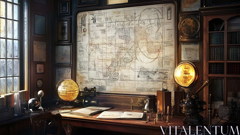 Antique explorer’s study glows with maps and instruments.