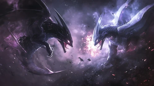 Two elemental dragons locked in a violent cosmic battle.