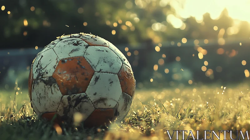 Mud stained soccer ball resting on wet grass at sunset.