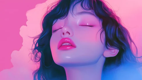 Neon-lit close-up portrait with glossy lips and closed eyes