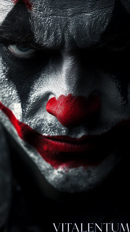 Intense clown close-up under moody cinematic lighting.