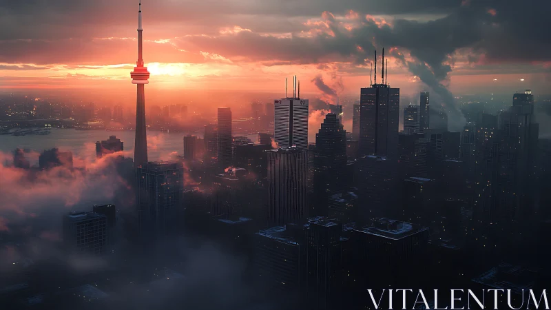 Sunrise light crowns misty Toronto skyline in warm haze.