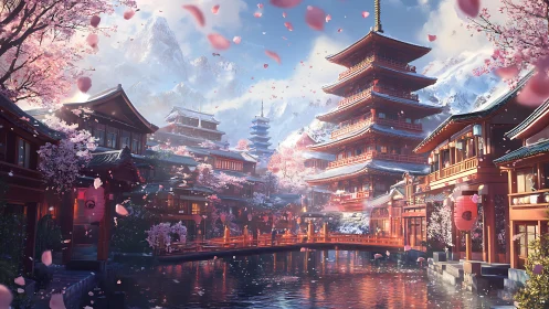 Layered pagoda complex integrates cherry blossoms and canal reflections