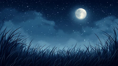 Moonlit meadow under deep blue starry nocturne sky.