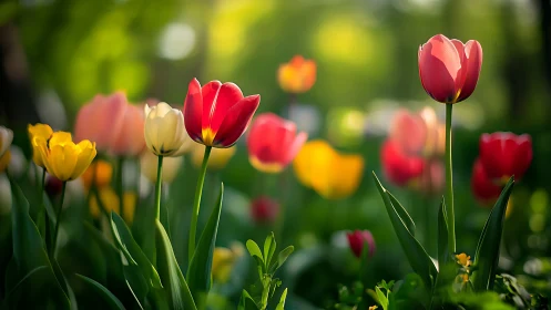 Selective focus depth of field rendering of polychromatic tulips with achromatic background bokeh