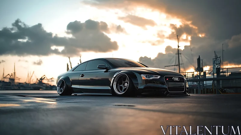 Lowered black Audi coupe on wet dock at dramatic sunset.