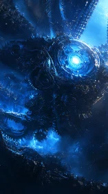 Mechanical blue core within dense industrial structure.