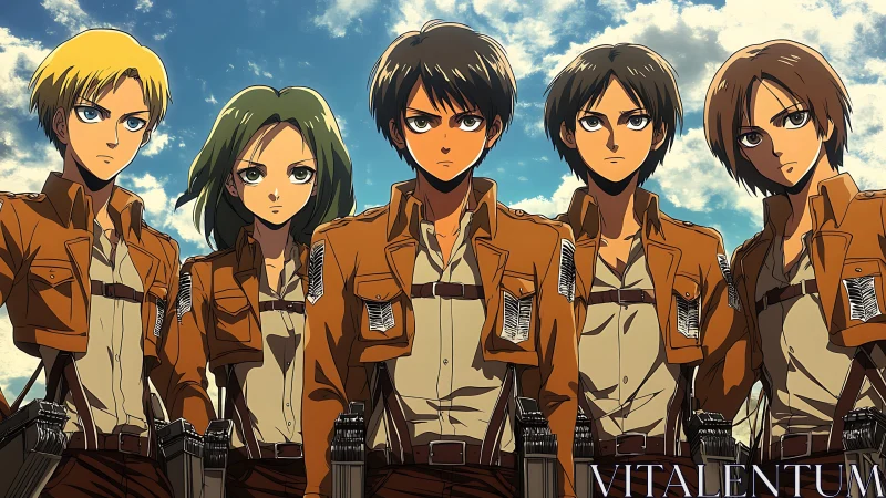 Five uniformed anime soldiers stand aligned under daylight sky