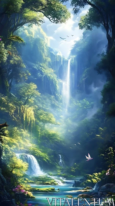 Vertical rainforest canyon with multi-tier waterfalls and volumetric light