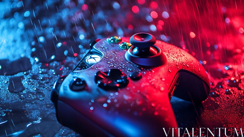 Photoreal gaming controller under neon rain illumination.