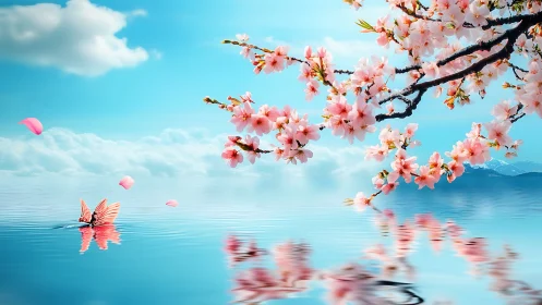 Blossom-laden sky drifts over dream-bright mirrored water.