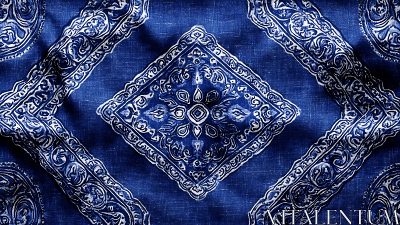 Textured blue fabric displays ornate diamond bandana motif