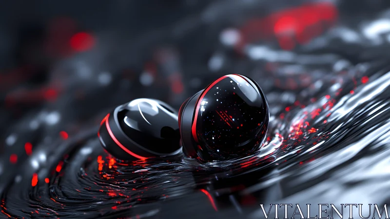 Futuristic Black and Red Spheres on Liquid Surface, Digital Art.
