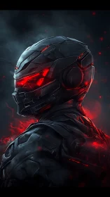 Armored humanoid profile shows red illuminated helmet visor