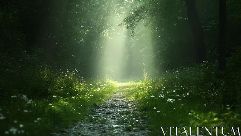 Sunlit Forest Path with Wildflowers in Dreamy Morning Light.
