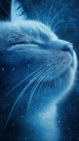 Ethereal Blue Cat Head with Luminous Particle Effects.