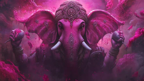Pink elephant deity portrait with ornate jewelry and smoke.