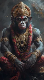Simian deity portrait in ornate gold regalia and garlands