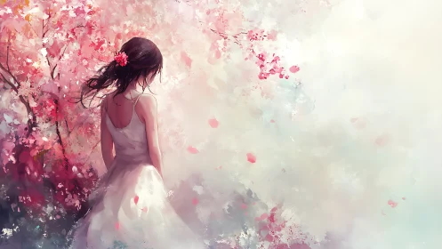 Girl in white dress amid drifting cherry blossoms dreamscape.