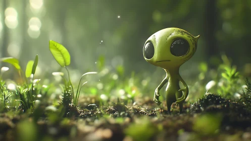 Bioluminescent alien child studies seedlings in soft forest bokeh