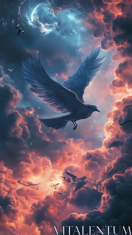 Celestial dove traverses volumetric nebula clouds under crescent moon