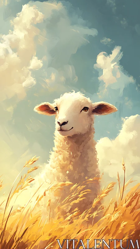 Pastoral digital painting of lamb amid sunlit golden field.