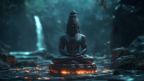 Meditating stone deity glows over molten river pool.