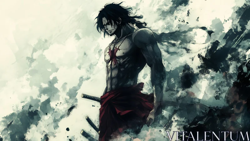 Anime warrior in abstract smoke field, high-contrast composition.