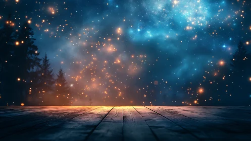Starry forest stage glows beneath a dreamy cosmic sky