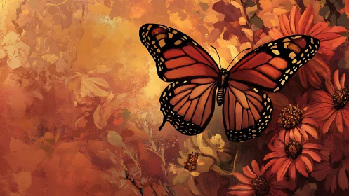 Monarch butterfly rendered in warm-toned digital painting over floral field