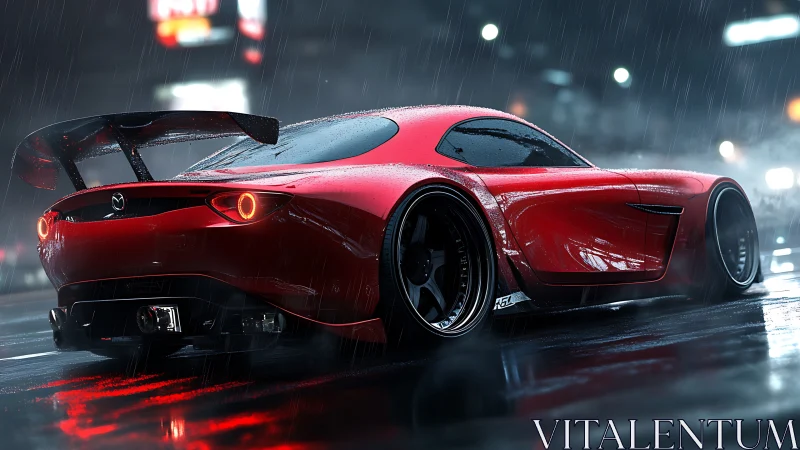 Sleek red sports car glowing on a rainy neon city street.