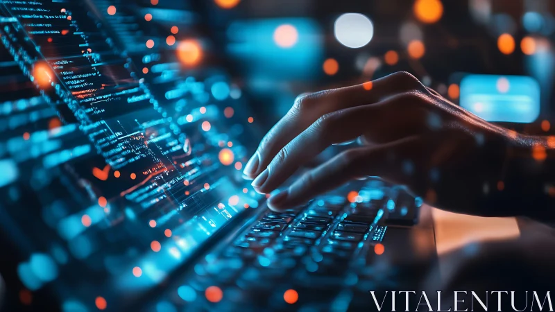 Coder&rsquo;s hands glide across neon-lit keyboard in cyberspace.