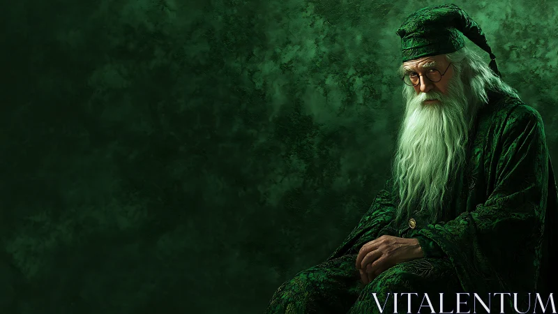 Elderly wizard in emerald robes under low key directional lighting