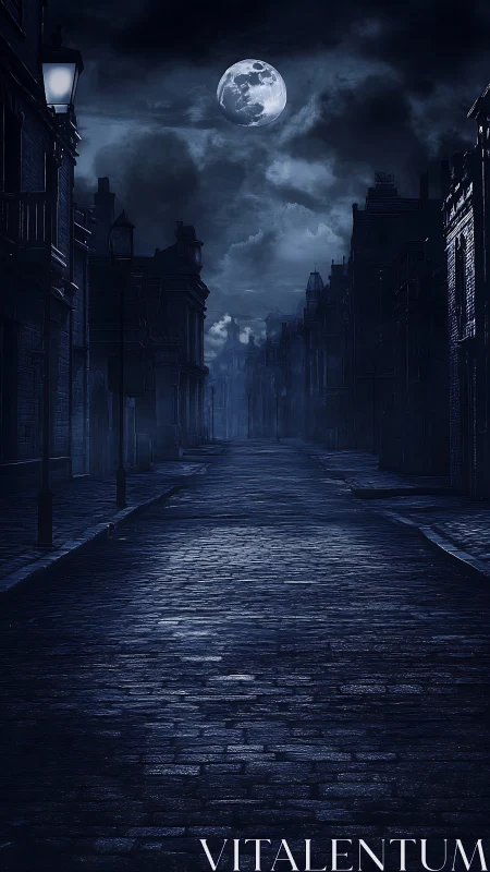 Moonlit cobblestone street welcomes quiet midnight wanderers