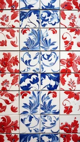 Hand-painted ceramic tiles show red and blue floral brushwork symmetry