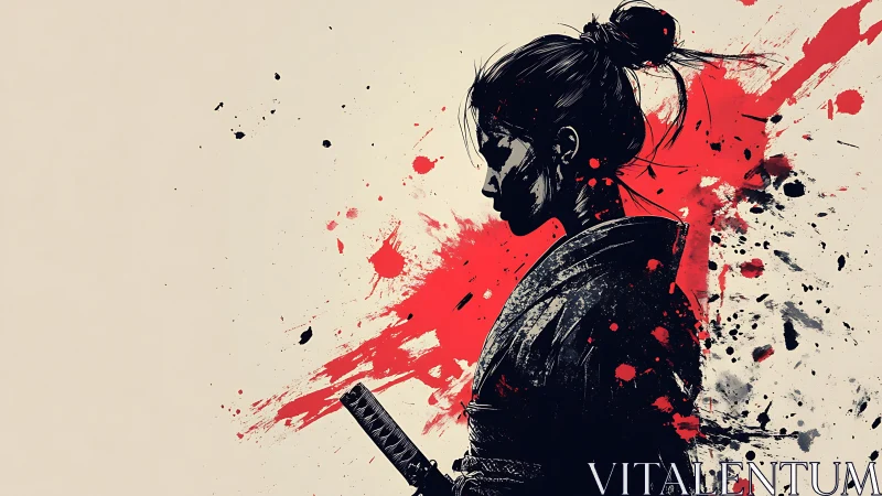 Samurai woman silhouette against bold red splashes.