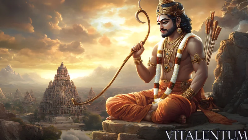 Sunlit archer prince rests as temple spires crown the valley