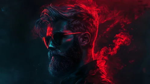 Neon-lit bearded portrait in red cyan cinematic lighting.
