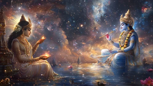 Divine lovers share sacred light upon a cosmic river.