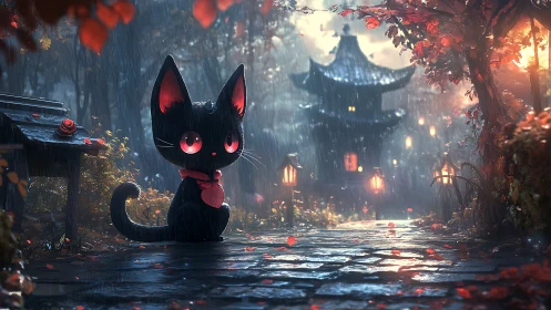 Black cat with red eyes in rainy lantern lit shrine path.