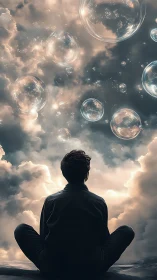 Backlit seated figure observes refractive bubbles in volumetric clouds