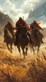 Knights in ember cloaks charge through a golden valley.