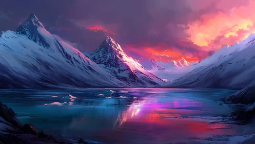 Snow-covered mountains and reflective lake under vivid sky