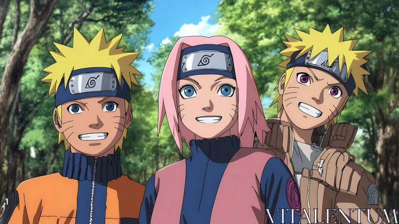 Three anime ninja characters standing in forest setting.