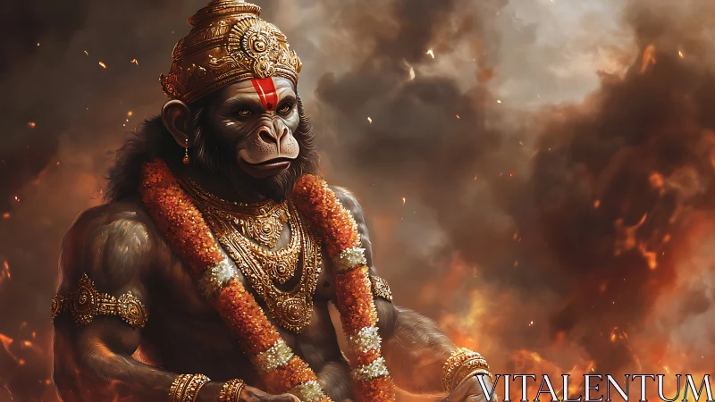 Regal monkey warrior gazes calmly through embers and smoke