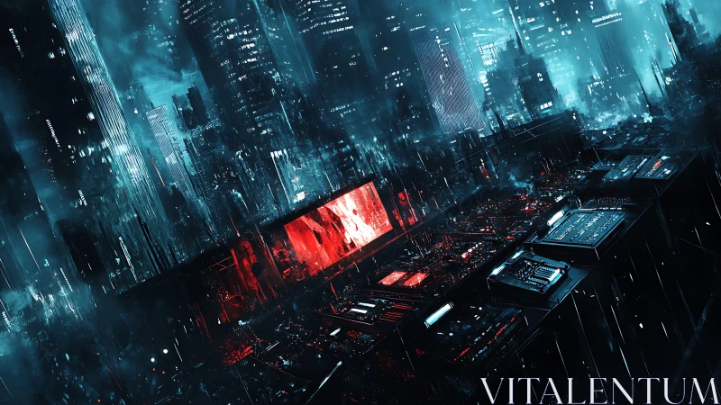 Cyberpunk control nexus inside neon-soaked dystopian city.