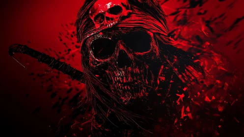 Blood-red pirate skull portrait in dynamic digital chaos.