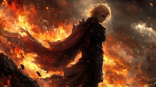 Flamebound warrior strides through apocalyptic inferno.