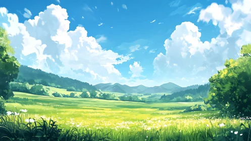 Digital landscape shows open meadow, distant hills and clouds